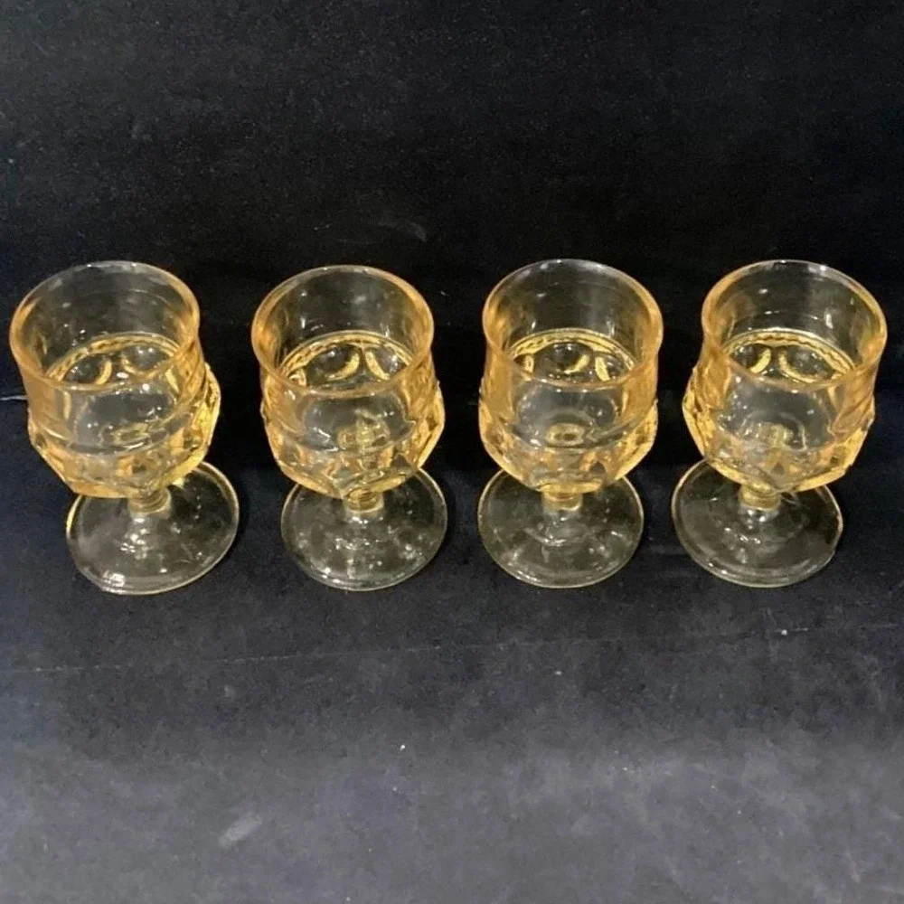 Indiana Glass Kings Crown Thumbprint Goblets, Set of 4, Vintage Yellow Stemware